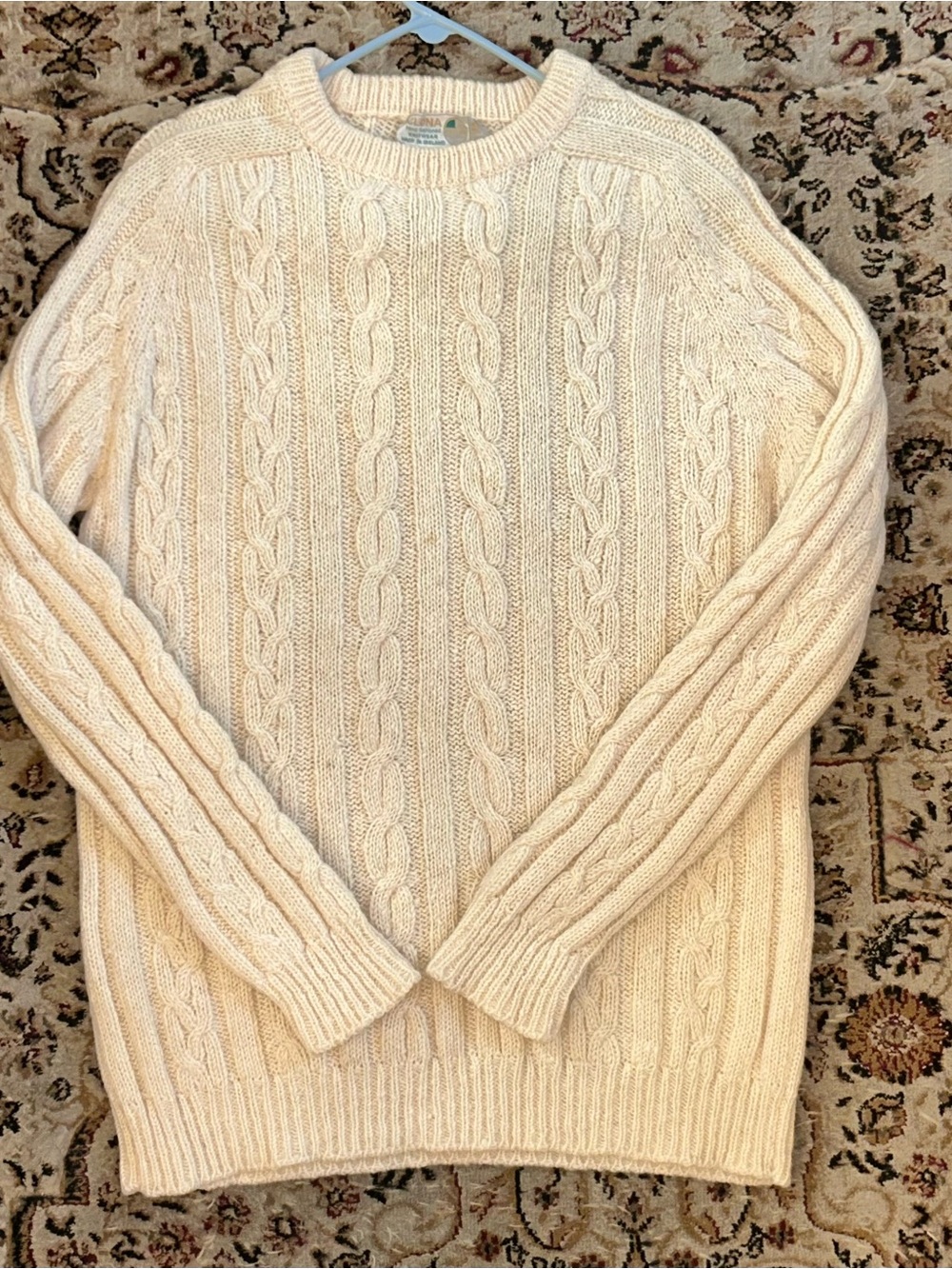 VTG CLONA CableKnit Sweater Men XL Cream Hand Made Pure New Wool Aran IRELAND